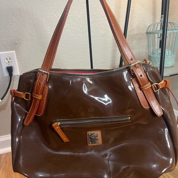 Dooney & Bourke Handbags - Dooney & Bourke Brown Patent Leather Tote Bag EUC